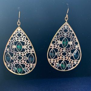 Gold Filigree Swarovski Teardrop Earrings with Green Stones
